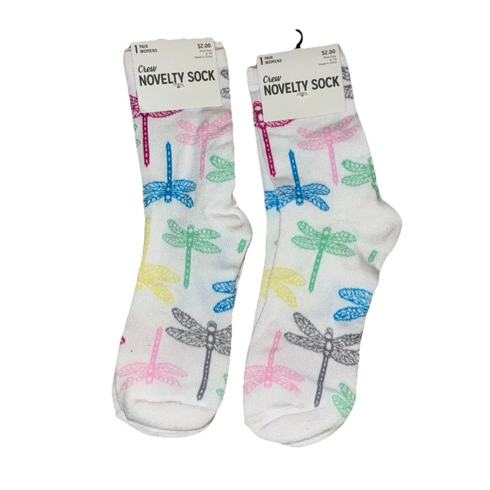 Dragonfly Socks Crew Women's 4-10โ White Colorful Insect Fairy 2 Pairs Kmart NEW